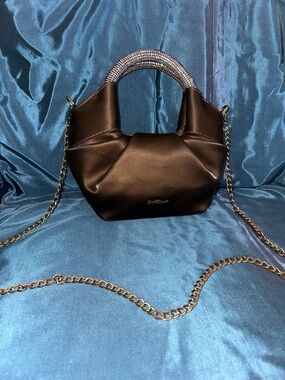 Betsey Johnson Brown Satin Mini Top-Handle Bag with Chain